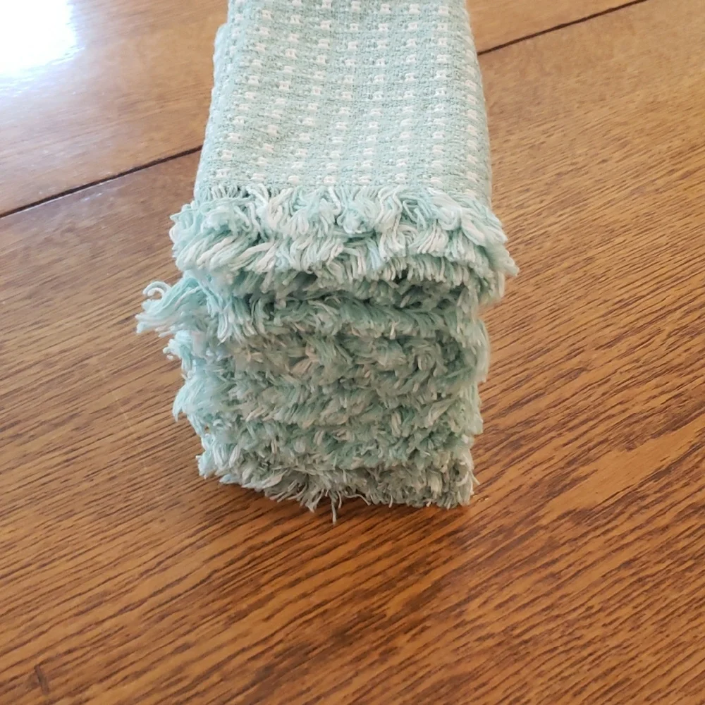 Vtg- (5) Mint Green & White Napkins With Fringe